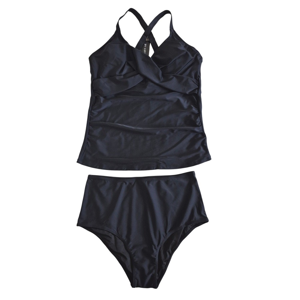 Tempt Me Black Tankini Swimsuit Ruched High Waisted Two Piece Set NWT Size‎ L